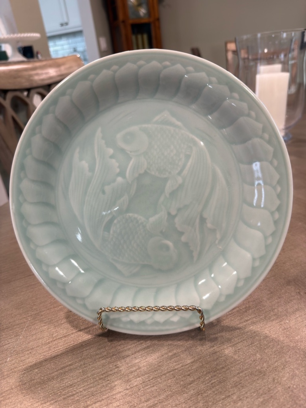Longquan Celadon 10 inch Ceramic Glaze Dinner Plates Koi Fish, 8 plates offered